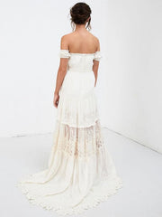 Boho Wedding Dress Lace Off The Shoulder A Line Floor Length Lace Bridal Gown