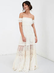 Boho Wedding Dress Lace Off The Shoulder A Line Floor Length Lace Bridal Gown