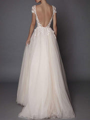 Boho Wedding Dress Ivory V Neck Short Sleeve Applique Slit Bridal Dress