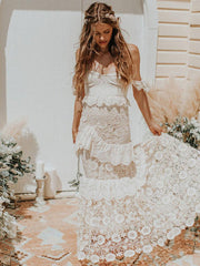 Boho Off The Shoulder Wedding Dress Floor Length Multilayer Lace Bridal Gowns