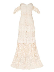 Boho Off The Shoulder Wedding Dress Floor Length Multilayer Lace Bridal Gowns