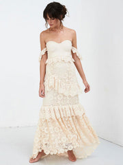 Boho Off The Shoulder Wedding Dress Floor Length Multilayer Lace Bridal Gowns
