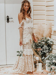 Boho Off The Shoulder Wedding Dress Floor Length Multilayer Lace Bridal Gowns