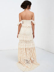 Boho Off The Shoulder Wedding Dress Floor Length Multilayer Lace Bridal Gowns