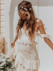 Boho Off The Shoulder Wedding Dress Floor Length Multilayer Lace Bridal Gowns