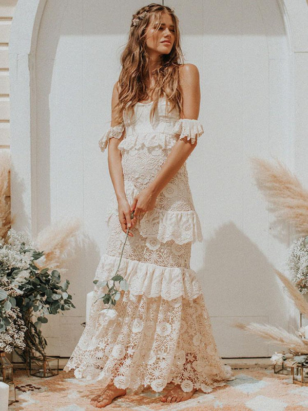 Boho Off The Shoulder Wedding Dress Floor Length Multilayer Lace Bridal Gowns