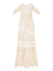 Boho Off The Shoulder Wedding Dress Floor Length Multilayer Lace Bridal Gowns