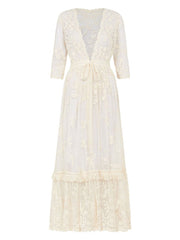 Boho Wedding Dress V Neck Floor Length Lace Multilayer Bridal Gown Dress Outfit
