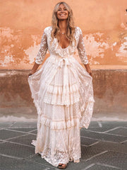Boho Wedding Dress V Neck Floor Length Lace Multilayer Bridal Gown Dress Outfit