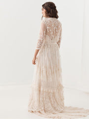 Boho Wedding Dress V Neck Floor Length Lace Multilayer Bridal Gown Dress Outfit