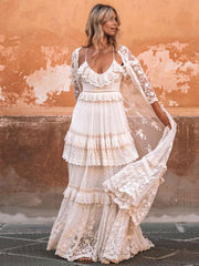 Boho Wedding Dress V Neck Floor Length Lace Multilayer Bridal Gown Dress Outfit