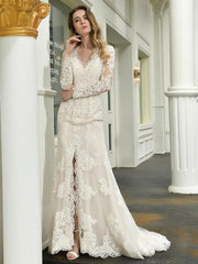 Boho Wedding Dress V Neck Sleeveless Lace Bridal Gowns With Train