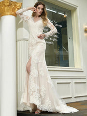 Boho Wedding Dress V Neck Sleeveless Lace Bridal Gowns With Train