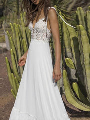 Boho Wedding Dresses 2021 Chiffon V Neck A Line Straps Sleeveless Bows Lace Bridal Gowns Ruffle Hem Bridal Dress For Beach Wedding