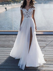 Off The Shoulder Boho Wedding Dresses Lace Short Sleeve Split Front Bridal Dress With Train