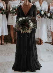 Boho Wedding Dresses A Line Deep V Neck Lace Chiffon Beach Bridal Gowns