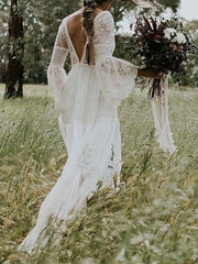 Boho Wedding Dresses A Line Deep V Neck Lace Chiffon Beach Bridal Gowns