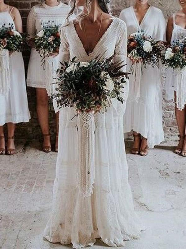 Boho Wedding Dresses A Line Deep V Neck Lace Chiffon Beach Bridal Gowns