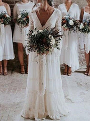 Boho Wedding Dresses A Line Deep V Neck Lace Chiffon Beach Bridal Gowns