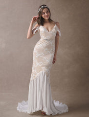Boho Wedding Dresses Champagne Lace Beach Bridal Dress Mermaid V Neck Backless Beaded Summer Wedding Gowns Exclusive