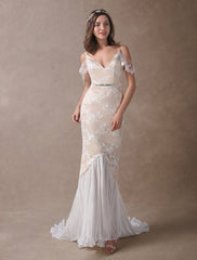 Boho Wedding Dresses Champagne Lace Beach Bridal Dress Mermaid V Neck Backless Beaded Summer Wedding Gowns Exclusive