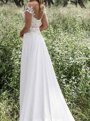 Boho Wedding Dresses Chiffon Deep V Neck Short Sleeve Lace Appliqued Split Front Beach Bridal Gowns