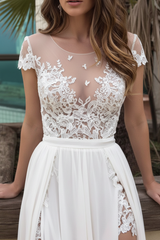 Boho Wedding Dresses Chiffon Deep V Neck Short Sleeve Lace Appliqued Split Front Beach Bridal Gowns