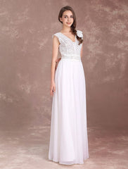 Boho Wedding Dresses Chiffon Lace Beach Bridal Dress V Neck V Back Ivory Sleeveless Floor Length Summer Wedding Gown