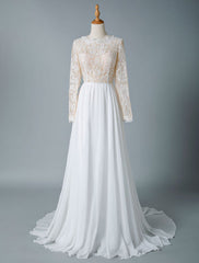 Jewel Neck Boho Wedding Dresses Long Sleeve A Line Chffion Beach Bridal Dress
