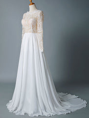 Jewel Neck Boho Wedding Dresses Long Sleeve A Line Chffion Beach Bridal Dress