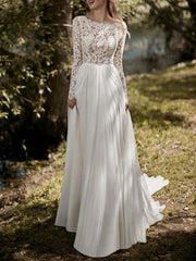 Jewel Neck Boho Wedding Dresses Long Sleeve A Line Chffion Beach Bridal Dress