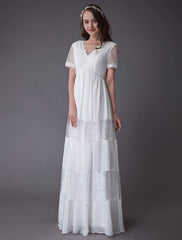 Boho Wedding Dresses Lace Chiffon Patchwork Ivory Short Sleeve Gypsy Maxi Beach Bridal Gowns Exclusive