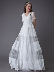 Boho Wedding Dresses Lace Chiffon Patchwork Ivory Short Sleeve Gypsy Maxi Beach Bridal Gowns Exclusive