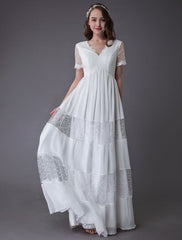 Boho Wedding Dresses Lace Chiffon Patchwork Ivory Short Sleeve Gypsy Maxi Beach Bridal Gowns Exclusive