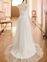 Off The Shoulder Boho Wedding Dresses Lace Short Sleeve Split Front Bridal Dress With Train
