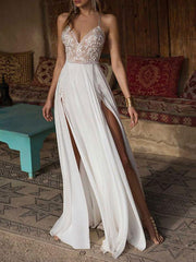 Bohemian Lace Wedding Dress V-Neck Beaded Backless Beach Bridal Gown with Double Slits