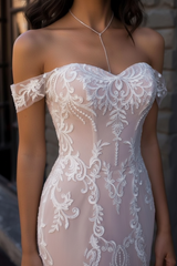 Boho Wedding Dresses Mermaid Off The Shoulder Lace Short Sleeve Bridal Gown With Sweep Train