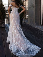 Boho Wedding Dresses Mermaid Off The Shoulder Lace Short Sleeve Bridal Gown With Sweep Train