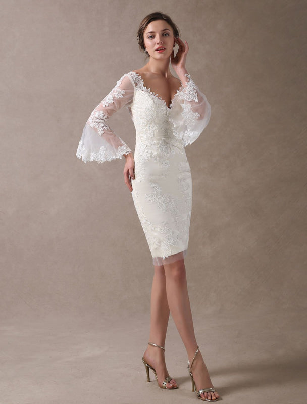 Boho Wedding Dresses Short Sheath Beach Bridal Dress Lace Applique V Neck Knee Length Summer Wedding Gowns