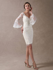 Boho Wedding Dresses Short Sheath Beach Bridal Dress Lace Applique V Neck Knee Length Summer Wedding Gowns