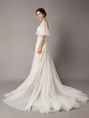 Boho Wedding Dresses Tulle Lace V Neck Butterfly Sleeve Backless Summer Beach Bridal Gowns