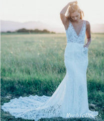 Hot Simple Lace Boho Beach Wedding Dresses V Neck Long Bridal Gown