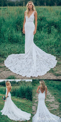 Hot Simple Lace Boho Beach Wedding Dresses V Neck Long Bridal Gown