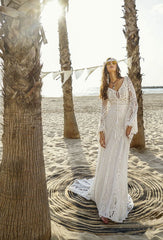 Cheap Boho Puff Sleeve Wedding Dresses Lace Mermaid Bridal Gown