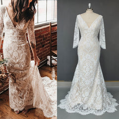 Half Sleeves V Neck Lace Bohemian Wedding Dresses Beach Open Back