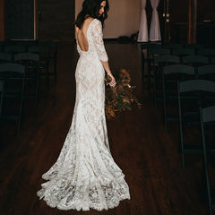 Half Sleeves V Neck Lace Bohemian Wedding Dresses Beach Open Back