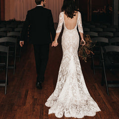 Half Sleeves V Neck Lace Bohemian Wedding Dresses Beach Open Back