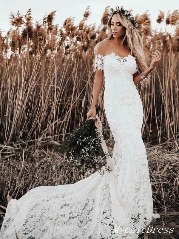 Off the Shoulder Lace Beach Boho Wedding Dresses Mermaid Bridal Wears