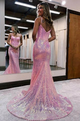 Boned Sequin Mermaid Prom Dresses Pink Spaghetti Strap Evening Dress FD3506