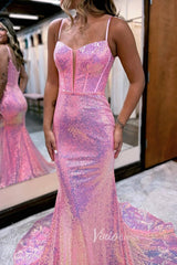 Boned Sequin Mermaid Prom Dresses Pink Spaghetti Strap Evening Dress FD3506